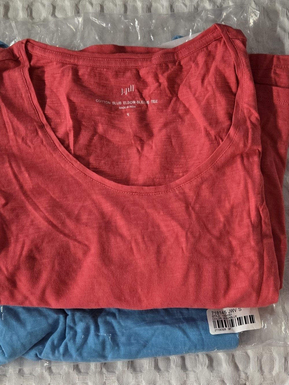 (2) J. Jill Cotton Slub Elbow-Sleeve Tee - Coral Pink And Aqua Blue